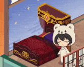 a cartoon character wearing a teddy bear hood stands next to a bed