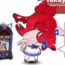 a cartoon character with red hair is standing next to a jukebox