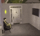 a man sits in a chair in front of a door in a room