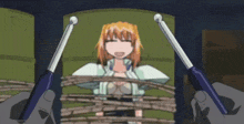 a girl is tied up with a rope and being tickled by a pair of hammers .