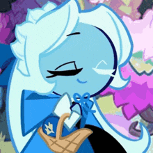 a cartoon character with blue hair is holding a basket and a bottle .