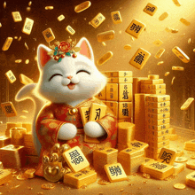 a cat is surrounded by gold coins and mahjong tiles with chinese characters