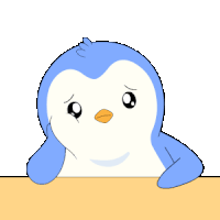 a blue and white penguin with a sad look on it 's face