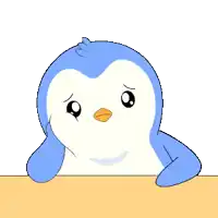 a blue and white penguin with a sad look on it 's face