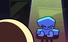 a blue cartoon character is sitting on a chair with his eyes closed