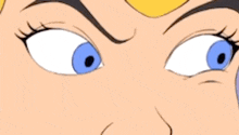 a close up of a cartoon character 's face with blue eyes .