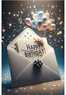 an envelope with balloons and a card that says happy birthday on it