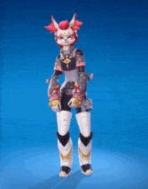 a cartoon character with red hair and white pants stands on a blue background