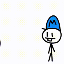 a stick figure is standing in front of a purple circle with dots on it .