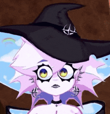 a cartoon character wearing a black witch hat with a cross on it