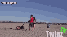 a woman standing next to a man in the sand with the words yesfunny yes twinz