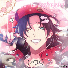 a picture of a boy holding a microphone with the words babygirl written on it