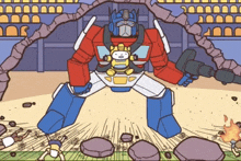 a cartoon of a robot holding a teddy bear and a gun