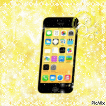 a picture of a cell phone on a yellow background with picmix written in the bottom right corner