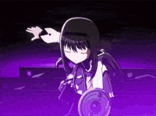 a cartoon character with a purple background is holding a shield