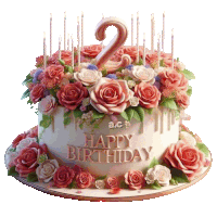 a birthday cake with flowers and candles and the number 2 on top