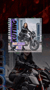 a picture of a woman riding a motorcycle with the words dj rider 516 on the bottom