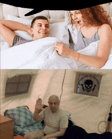 a man and a woman are laying in bed together and a man is laying in a tent .