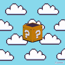 a block with a question mark on it is surrounded by clouds on a blue background