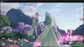 a screenshot of a video game shows a woman in a green dress surrounded by pink flowers