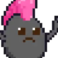 a pixel art drawing of a cartoon character with a pink hat on