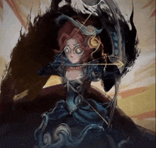 a painting of a woman in a blue dress with a bow and arrow
