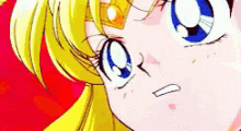 a close up of a cartoon character 's face with a red background and blue eyes .