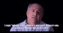 a man is talking about where is it ? where is my pot ? where 's my recipes ?