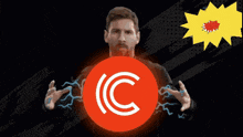 a man holding a red circle with the letter c in it