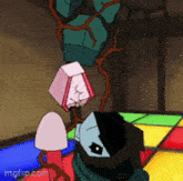 a cartoon character is hanging upside down in a room ..