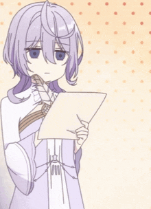 a girl with purple hair holds a piece of paper in her hand