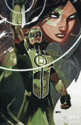 a man in a green lantern costume stands next to a woman with white eyes