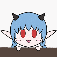 a cartoon drawing of a girl with blue hair and horns