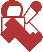 a red and white icon of a pencil and eraser