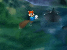 a cartoon squirrel is sitting on top of a shark in a video game .