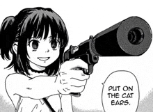 a black and white drawing of a girl pointing a gun at someone .