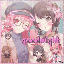 two anime girls taking a selfie with the words goodnight written above them