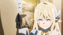 a girl with blonde hair and ears is crying