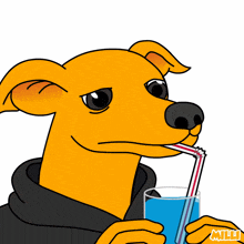 a cartoon dog drinking from a glass with a straw and the word mill on the bottom
