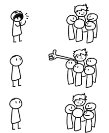 a black and white drawing of a man standing next to a group of people giving a thumbs up .