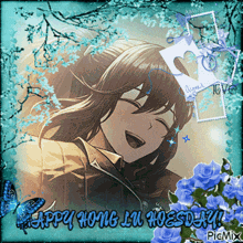 a picture of a girl with the words happy home lu hoesday on the bottom