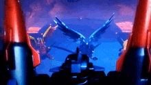 a video game scene with a robot flying in the sky
