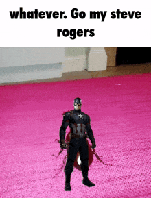 a cartoon of captain america standing on a pink rug