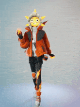 a cartoon character with a yellow face and a sun on his head