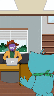 a cartoon of a man wearing a mask that says w on it