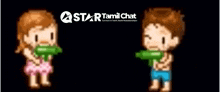 a boy and a girl are spraying water at each other with a star tamil chat logo behind them