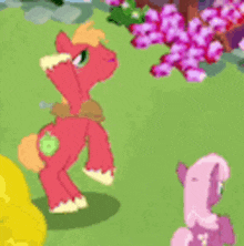 a red pony with an apple on its back is standing next to a pink pony in a field .