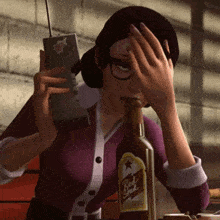 a woman is holding a cell phone and drinking from a bottle of red stick beer