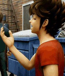 a cartoon character in a red shirt is standing in front of a blue dumpster
