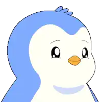 a blue and white cartoon penguin with a surprised look on its face